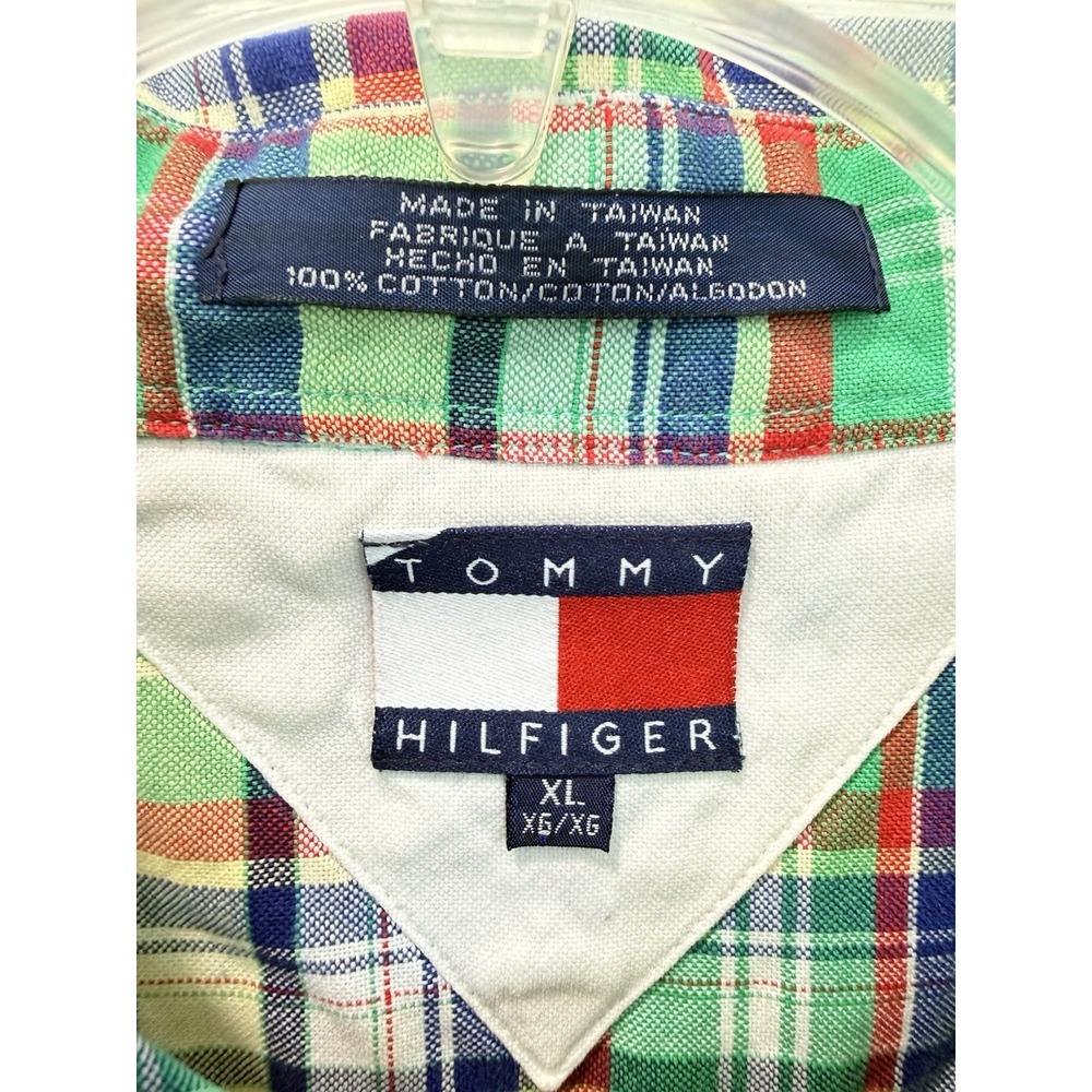 Vintage Tommy Hilfiger Colorful Plaid Crest Shirt Men XL Button Up Short Sleeve - Picture 5 of 9